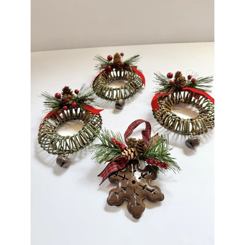 Rustic Metal Wreath Sleigh Bell Snowflake Ornaments Country Christmas 4pc Set
